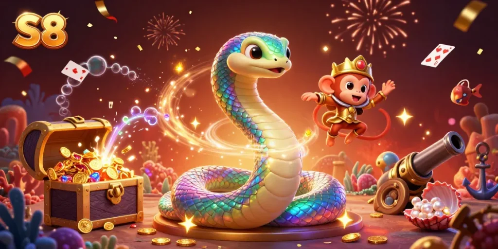 S8 casino illustration featuring a magical scene with a snake, monkey king, and treasure, capturing the unique gaming spirit.