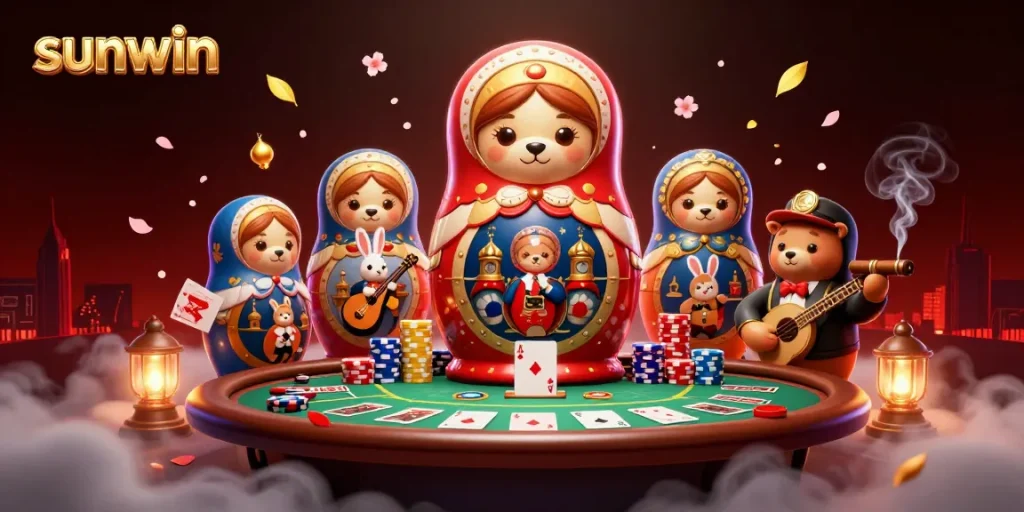 Engage with sunwin in a vibrant casino illustration featuring a Matryoshka bear and poker elements.